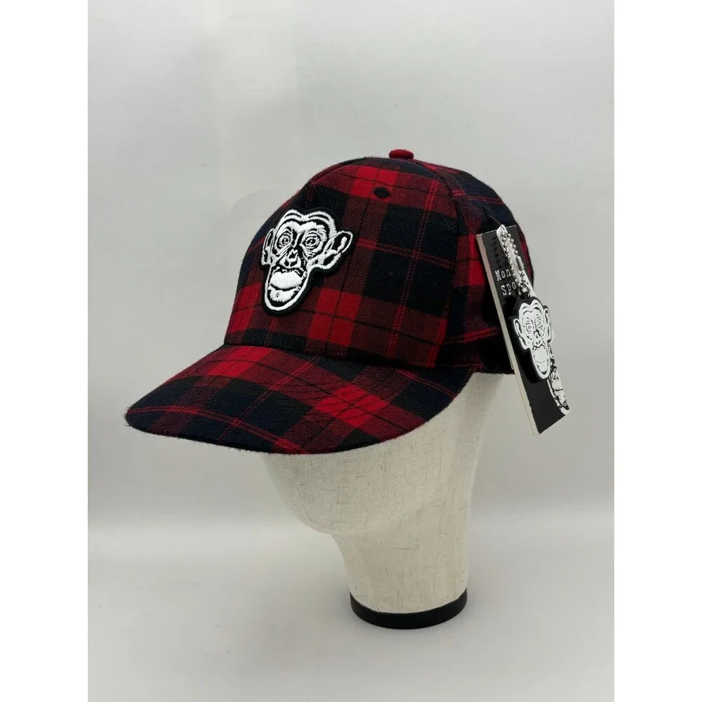 Monkey Sport Plaid Hat S/M Red Black Tartan Baseball Cap NWT Embroidered Monkey